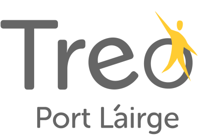 Treo logo which is the word Treo in grey with a yellow figure with open arms