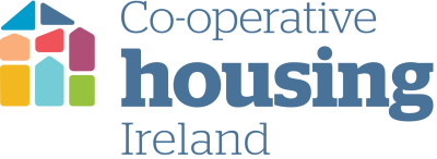 Image of house with brand colours of blue, green, purple, red, yellow, orange and name of organisation Co-operative Housing Ireland in blue print