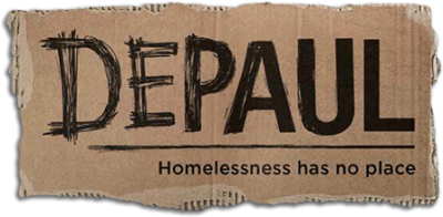 Depaul Logo reads Depaul Homelessness has no Place in black on a brown, cardboard cutout background