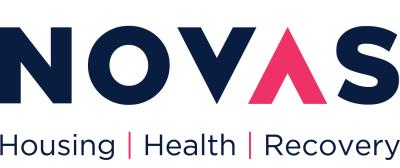 The logo shows "NOVAS" in bold, with "NOVA" in dark blue and the "A" in pink, shaped like an arrow. Below, the tagline reads: "Housing | Health | Recovery."