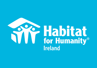 Habitat Ireland logo is all white on a blue background - three people standing under a roof to the left, with the words 'Habitat for Humanity Ireland' on the right