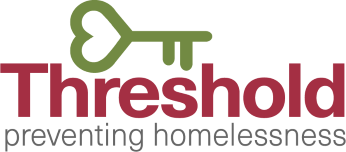 Threshold's logo features a green key symbol above the word Threshold written in bold maroon text. Beneath Threshold the phrase "preventing homelessness" is displayed in smaller maroon text.