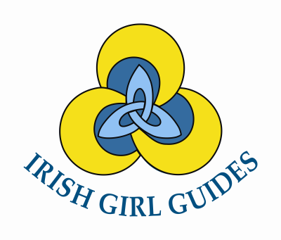 Irish Girl Guides Logo - A blue coloured Irish Celtic knot enclosed within a yellow Guiding Trefoil