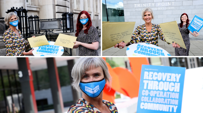 Three photos of Sarah and Deirdre delivering The Wheel's pre-budget submission.