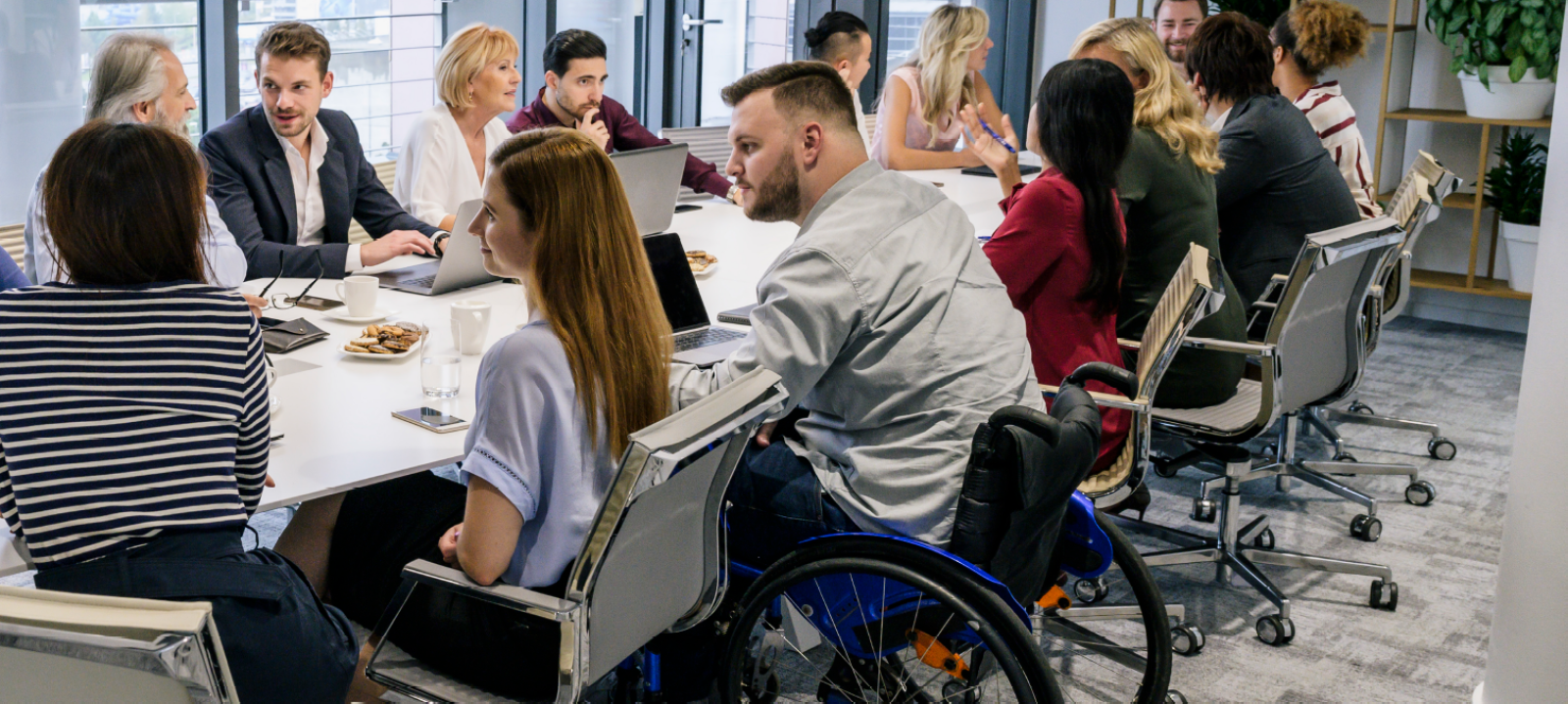 An image of a board meeeting of around 16 people seated around a large table in front of daylit windows. 